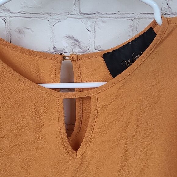 Women's Crochet Lace Mesh Short Sleeve Keyhole Mustard Yellow Crepe Blouse Top S - Picture 3 of 8